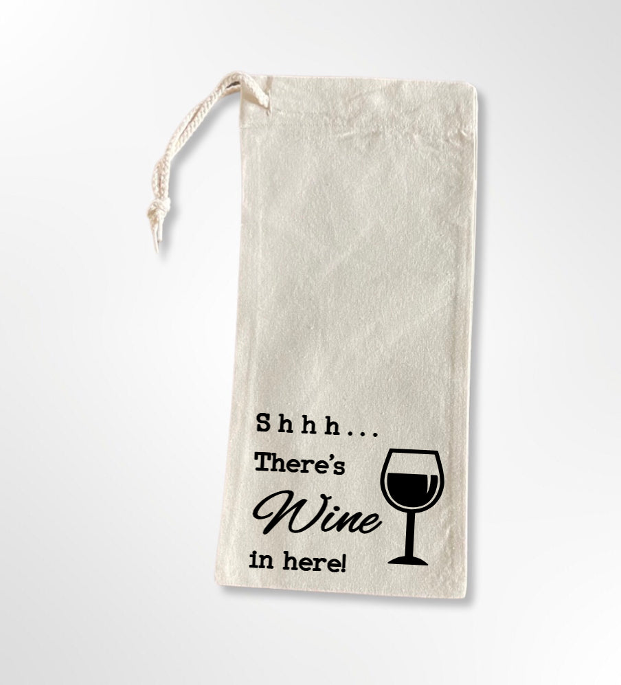 Shh There's Wine in Here - Drawstring Wine Tote